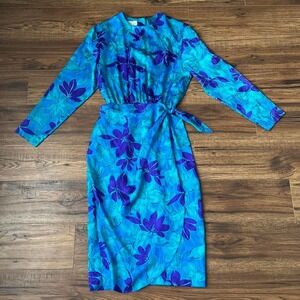 Adrianna Papell 100% Silk Floral Satin Wrap Midi Dress Blue Purple Vintage 90s